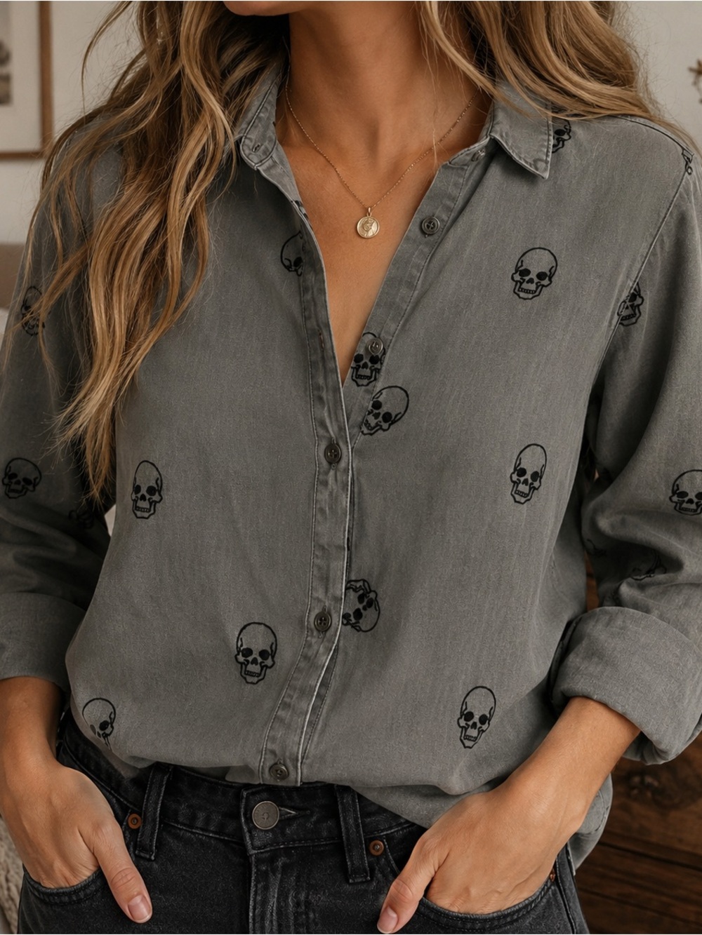 Jane + Delancey Womens Gray Skull Halloween Goth Button Down Shirt Medium